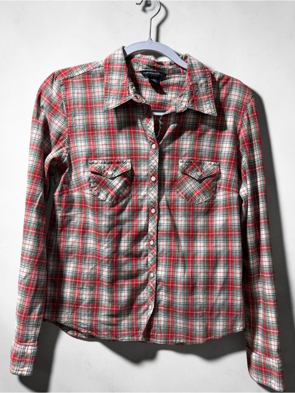 Abercrombie & Fitch Red, Green, Cream Plaid Button-Up Youth